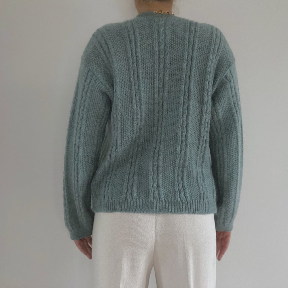 Vintage L.L. Bean Sage Green Mohair Cable Knit Cardigan Sweater - Picture 12 of 13